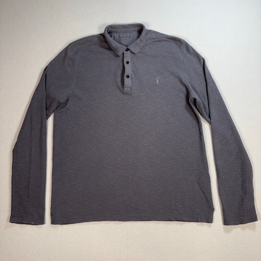 AllSaints Clash Textured Polo Shirt Men's S Gray 100% Cotton Logo Preppy Comfort